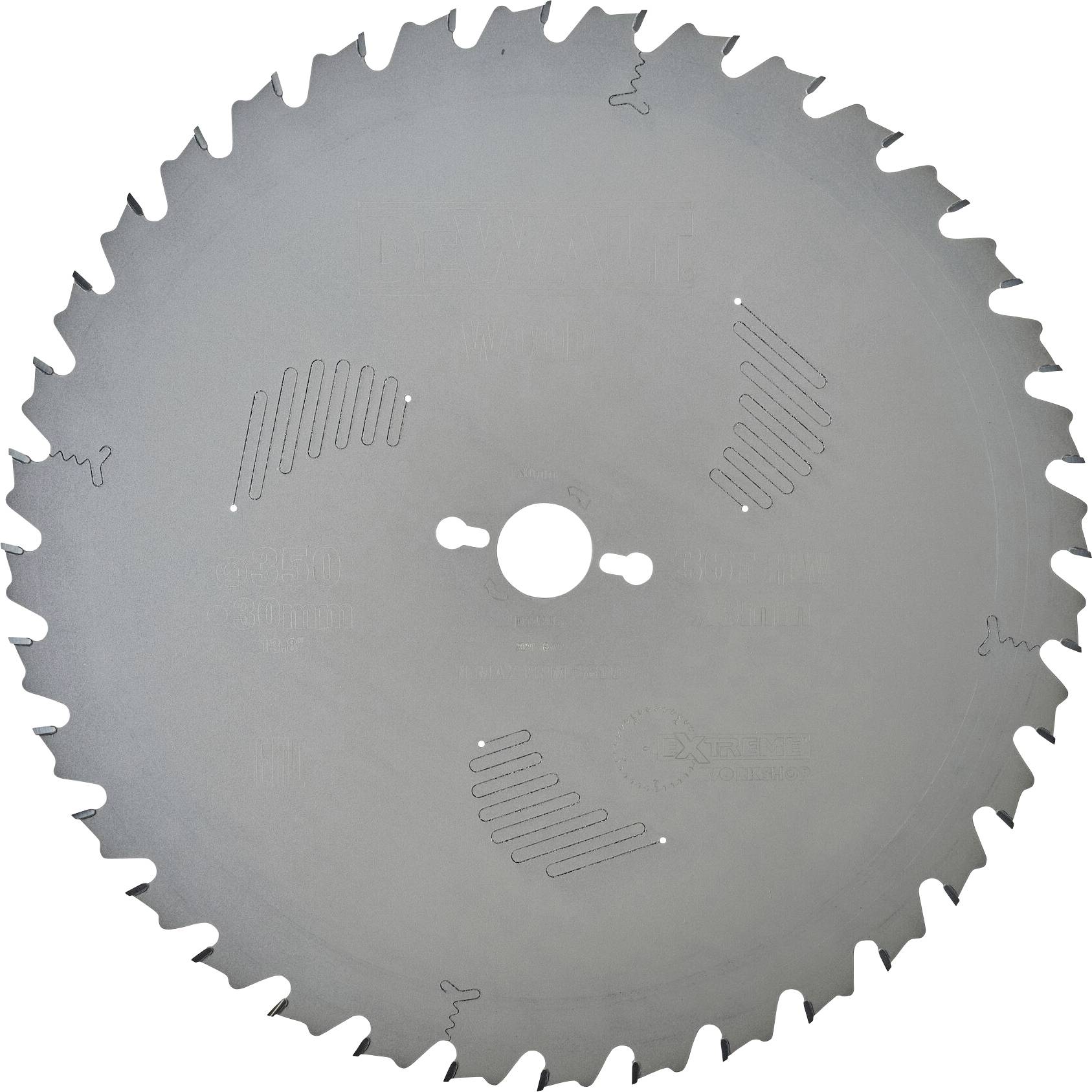 Circular saw blade with multiple teeth, central bore hole, and slots for noise or heat reduction. Suitable for precise wood cutting.