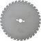 Circular saw blade with multiple teeth, central bore hole, and slots for noise or heat reduction. Suitable for precise wood cutting.