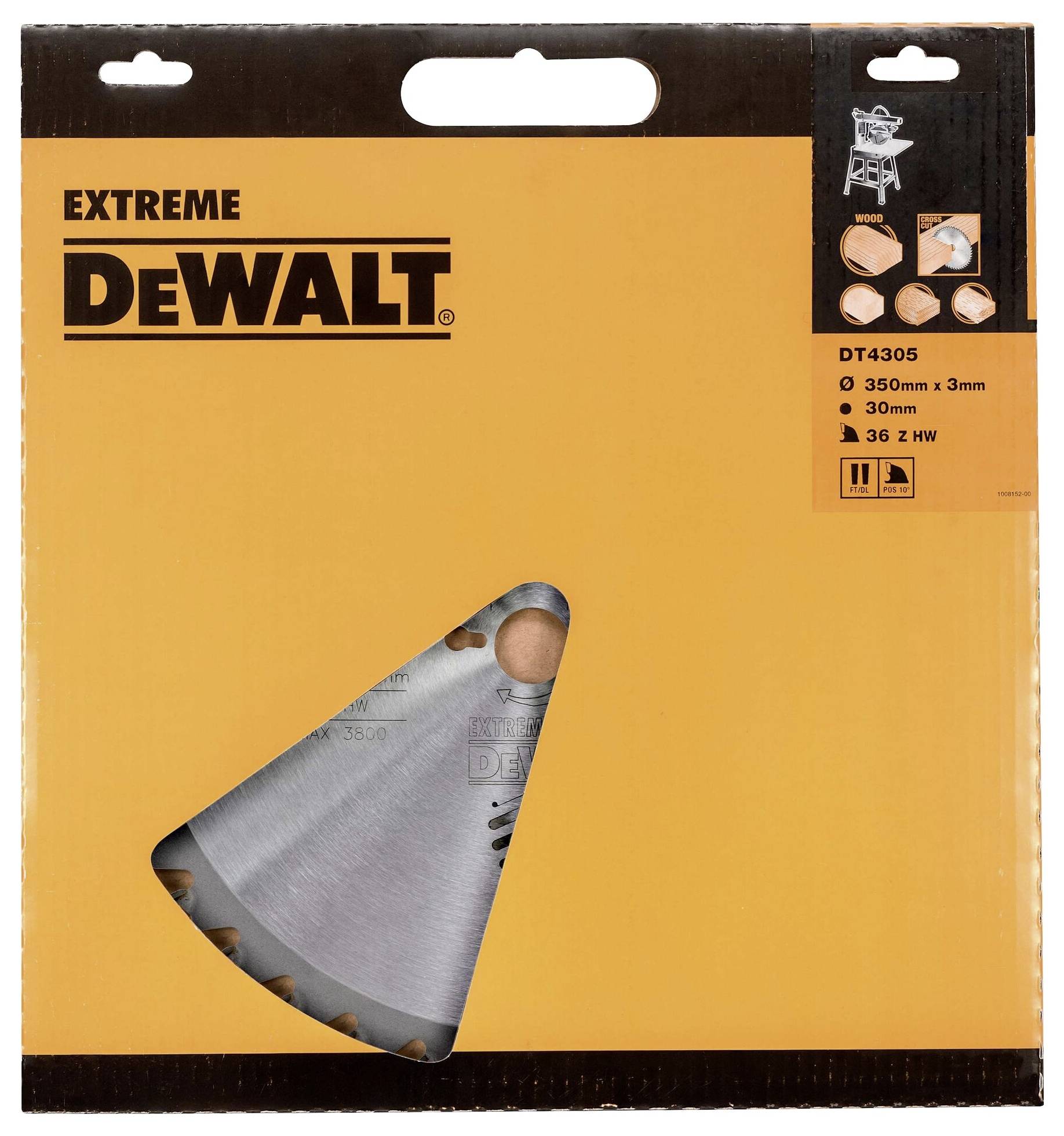 Packaging for a DeWalt saw blade: 'Extreme' series, 350 mm diameter, 30 mm bore, 36 teeth. Depicted on an orange background.