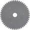 Circular saw blade with numerous teeth and a central hole, suitable for cutting wood or metal in workshops.