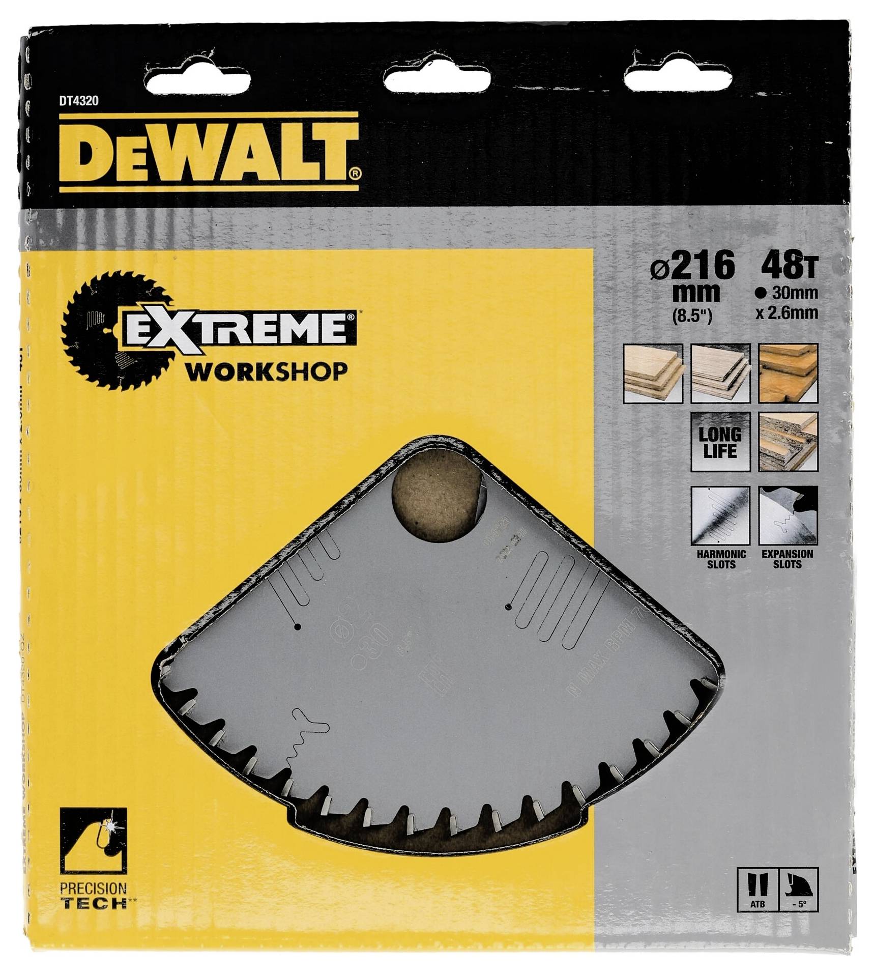 'DeWALT Extreme Workshop' Circular Saw Blade, 216 mm diameter, 48 teeth. Suitable for woodworking and metalworking. Packaging displays product details.