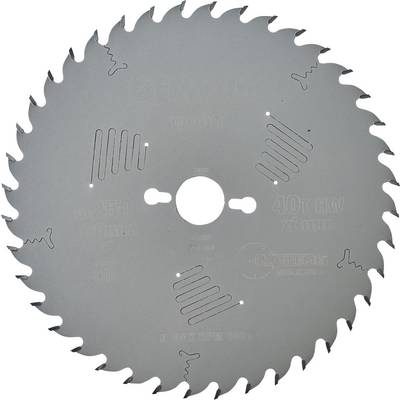 Circular saw blade with numerous teeth, suitable for woodworking, with size and material information labelled on the surface.