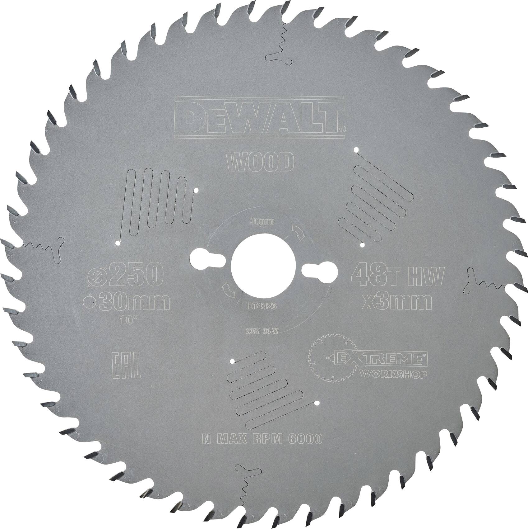 'DeWalt circular saw blade for wood, diameter 250 mm, 48 teeth, suitable for max. 6000 rpm, with guidance on cutting and installation.'