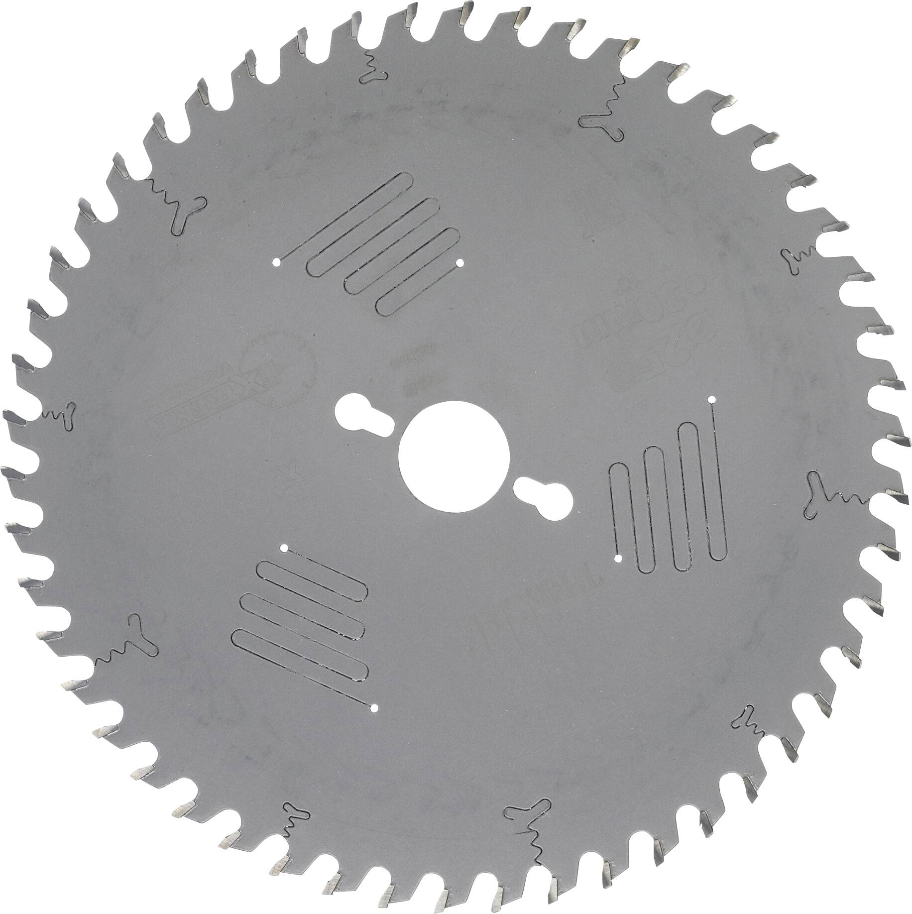 Circular saw blade with a serrated edge and a circular hole in the centre, suitable for woodworking and metalworking.