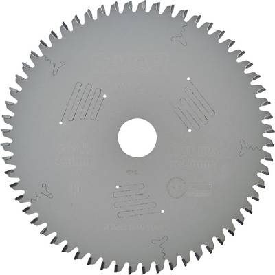 Circular saw blade with serrated edge, central hole, and technical OEM engravings on the surface. Suitable for precise wood cutting.