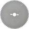 A circular saw blade with numerous teeth, designed for precision cuts in wood. The blade displays guidelines for cutting depth and diameter.