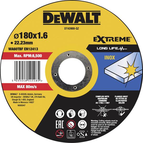 DEWALT DeWALT DT43908-QZ, Schneidedisk, 1 Stück(e) DT43908-QZ Cutting disc 180 mm 1 pc(s) Metal, Stainless steel, Iron