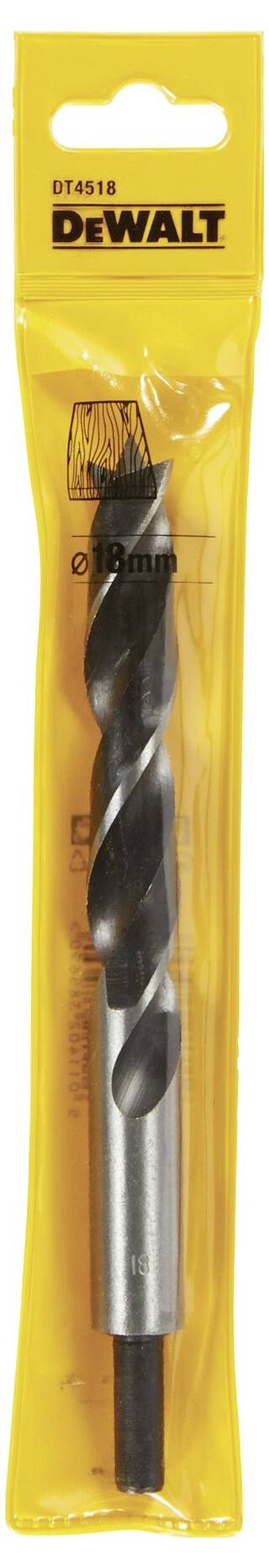 DeWalt drill in original packaging with yellow background and black drill.