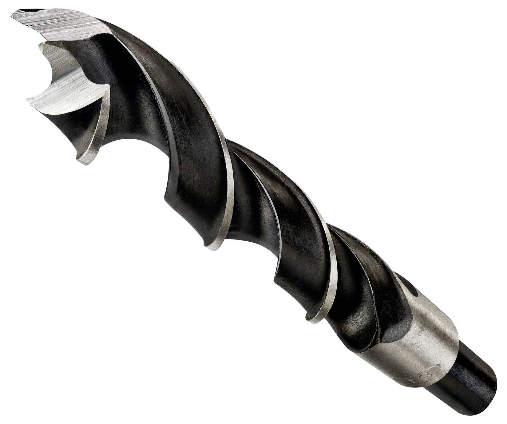 A drill bit with spiral cutting edges, suitable for woodworking, lies diagonally in the image.
