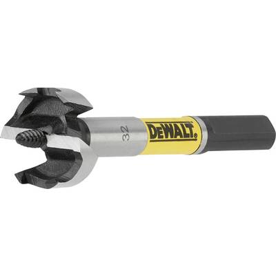 The Forstner drill bit has a yellow shaft with the inscription 'DEWALT' and a black, serrated tip.