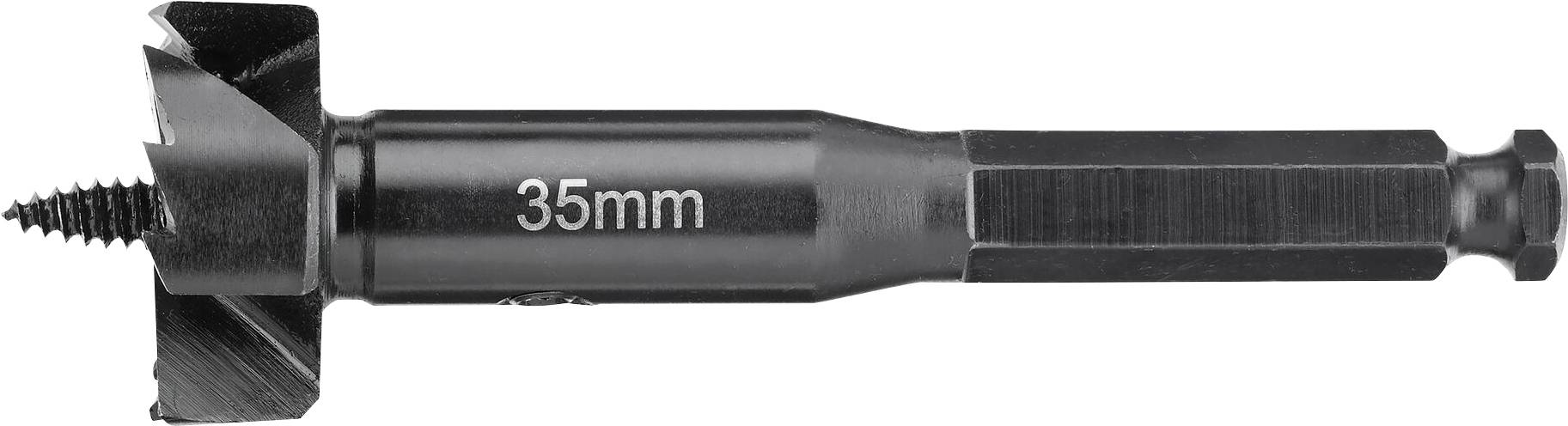 A black wooden drill bit marked '35 mm'. It has a sharp point and blades for woodworking.