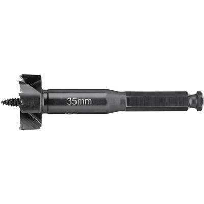 A black wooden drill bit marked '35 mm'. It has a sharp point and blades for woodworking.