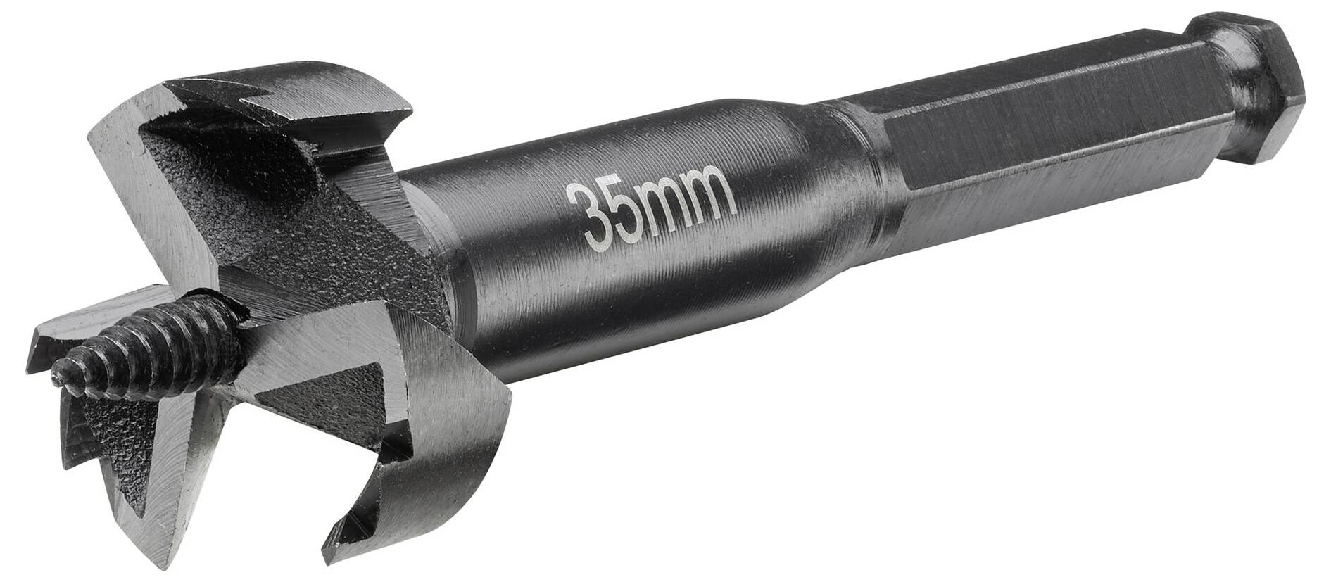 Metal drill bit with 35 mm diameter, suitable for precise wood drilling. Black, robust design.