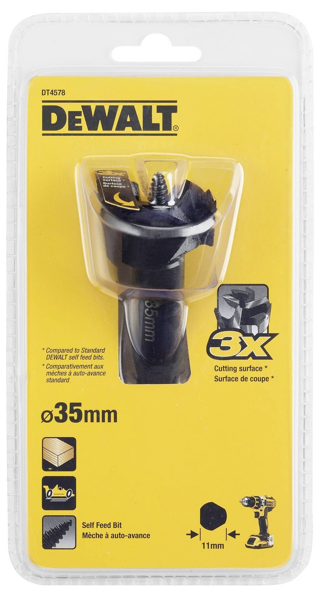 'DeWalt Ø35mm Hole Saw' in yellow packaging. Highlights 3x longer-lasting cutting performance. Suitable for electric drills.