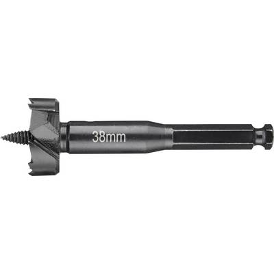 A black Forstner drill bit with a diameter of 38 mm. Suitable for drilling large, flat holes in wood.