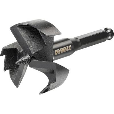 A black, hexagonal drill accessory from DEWALT with sharp edges and a spiral drill bit in the centre.