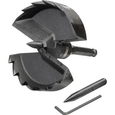 A black drilling tool with tooth-like edges, consisting of two screw-together halves with an additional rod and Allen key.