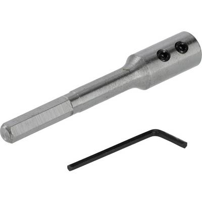 Metallic round steel extension adapter with two lateral screws, accompanied by a small black hexagonal Allen key.