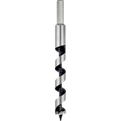A large metal twist drill with a sharp point and spiral cutting edges, ideal for drilling into wood or soft materials.