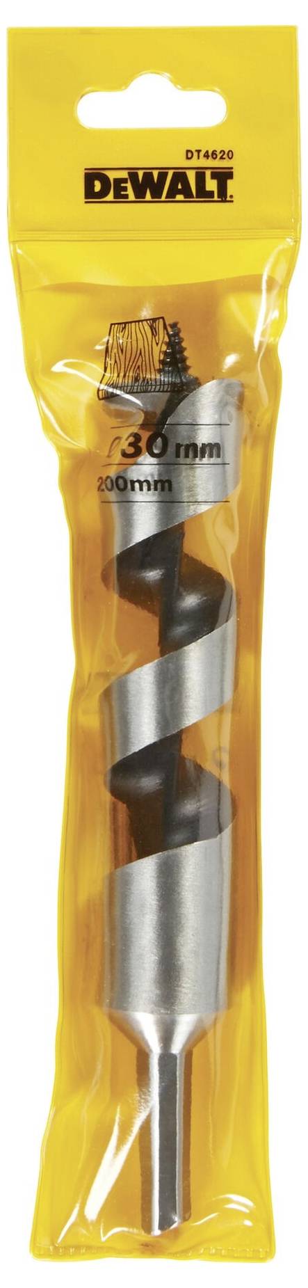 Drill bit in packaging, brand 'DeWalt', model DT4630, 30mm diameter, 200mm length, suitable for woodworking.