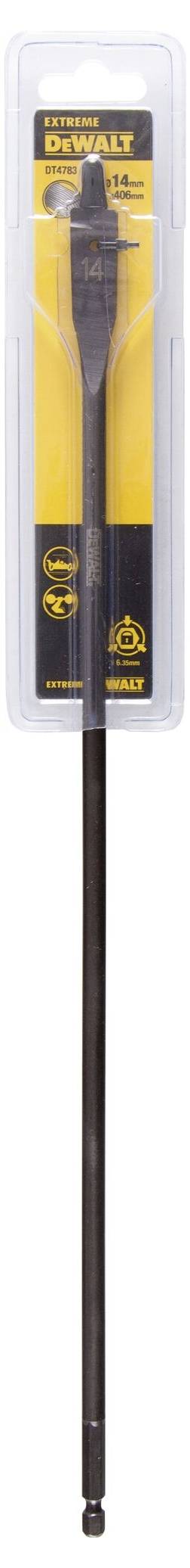 Packaged DeWalt drill, with a long, slender black design, yellow background in blister packaging, for precise drilling.