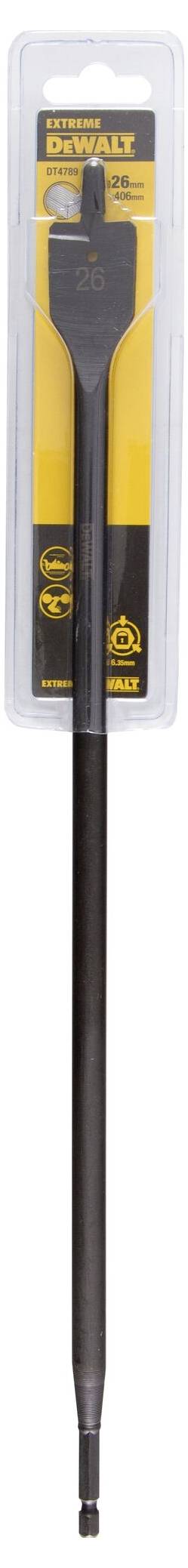 DeWalt drill in packaging. Long, black shaft with a wide head, suitable for woodworking. Packaging made of transparent plastic.