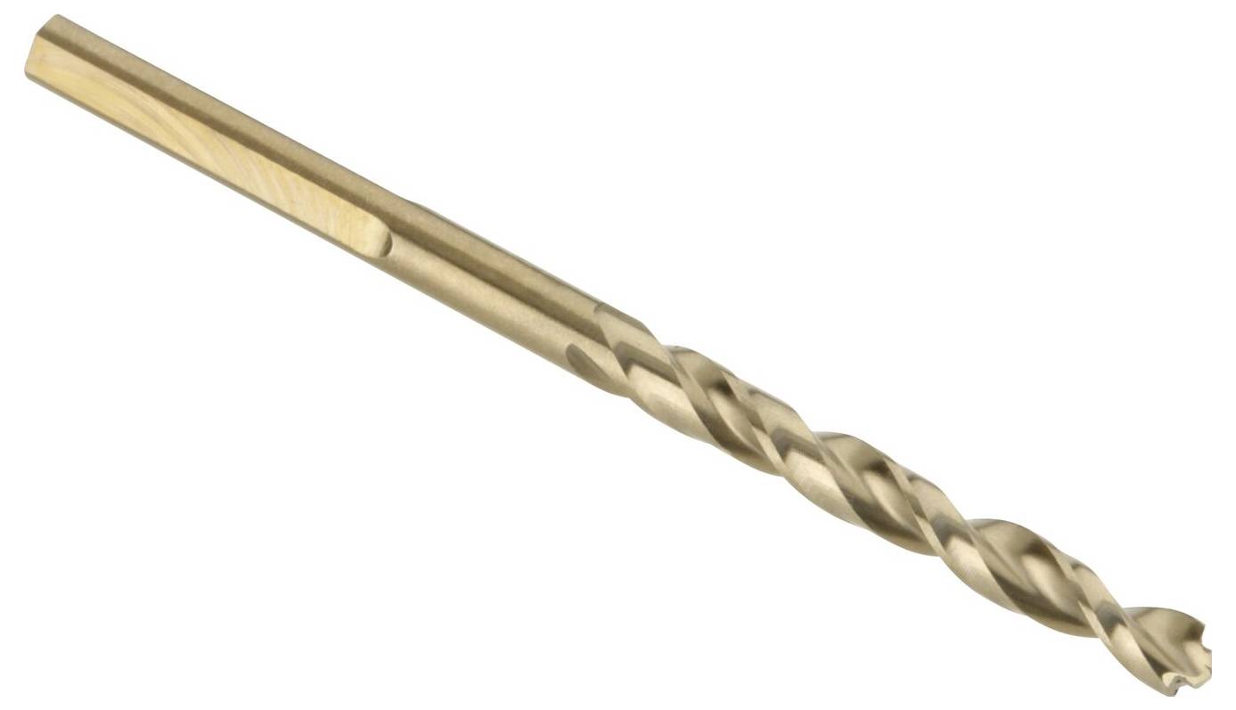 Metal drill bit made from gleaming metal, with spiral-shaped grooves, suitable for drilling into hard materials.