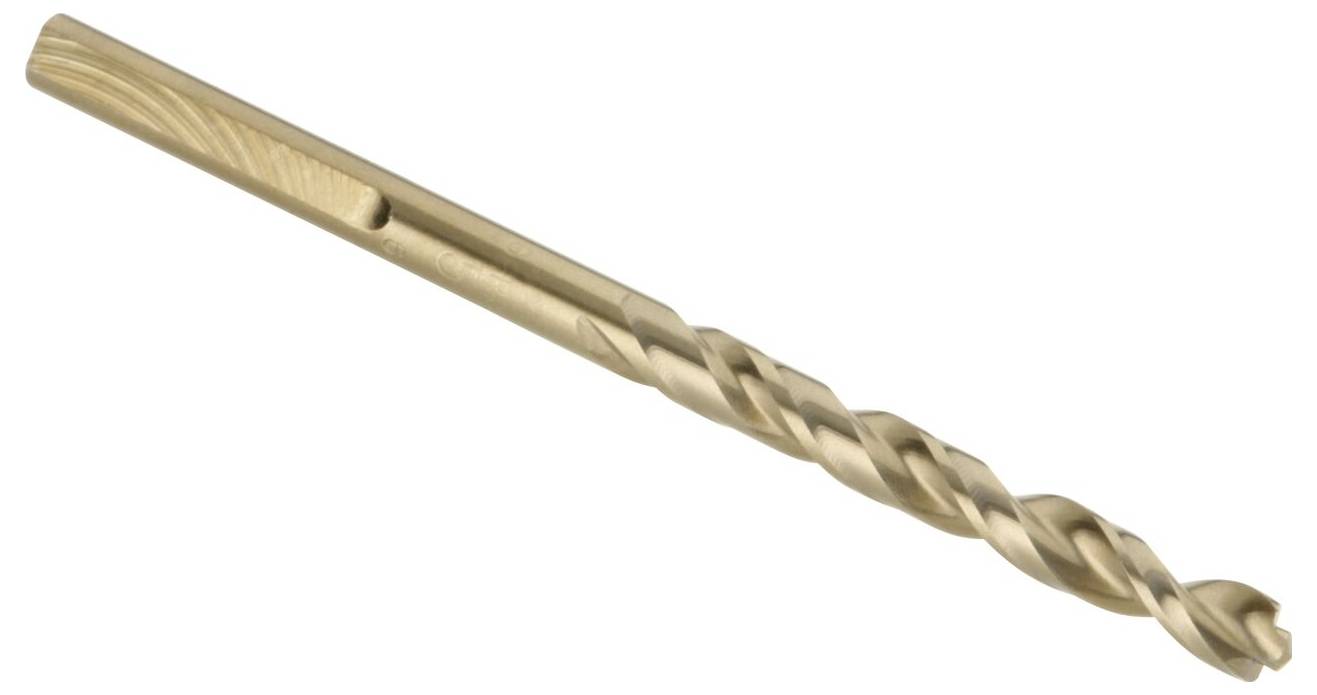 A gold-coloured twist drill with a smooth surface lies on a white background.