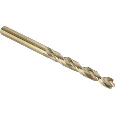 A single metal drill bit with spiral grooves, made of shiny metal, lies at an angle pointing upwards on a white background.