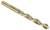 Metal drill bit in gold colour with spiral cutting edges, lying diagonally. Suitable for precise drilling in metal surfaces.