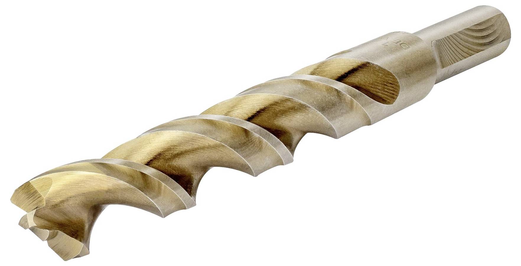 A golden spiral drill bit with sharp edges and a cylindrical shank, suitable for drilling hard materials.