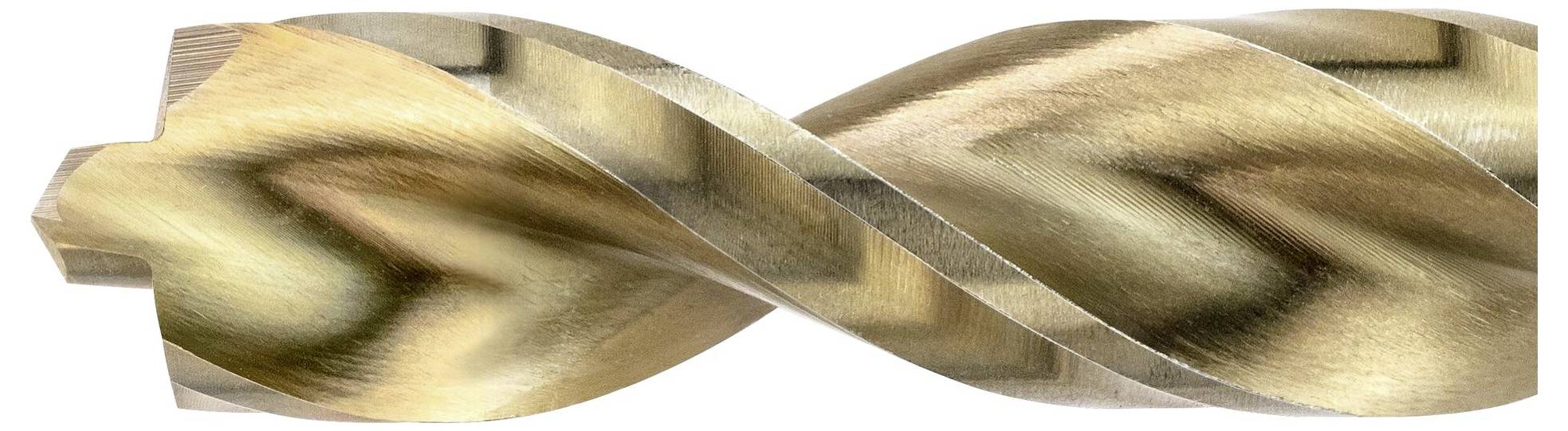 Close-up of a metallic drill bit with a spiral form, gleaming gold. The drill bit displays a smooth, polished surface.