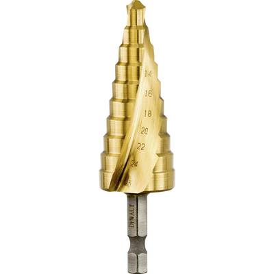 Step drill bit with multiple cutting edges, scaled from 4 to 14 mm.