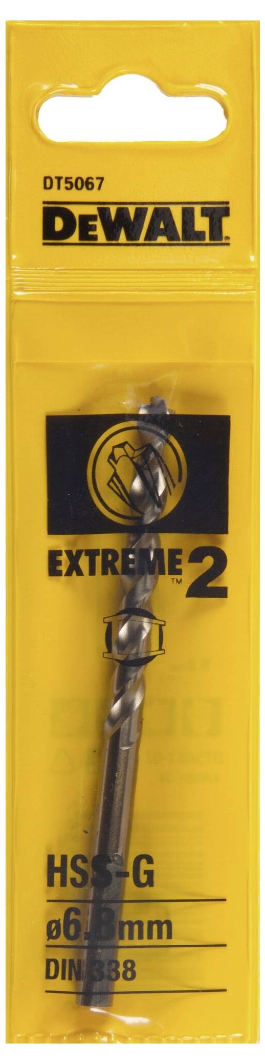 DeWalt drill bit in blister pack, suitable for wood and metal. Label: 'EXTREME 2', diameter 6.5 mm, DIN 338.
