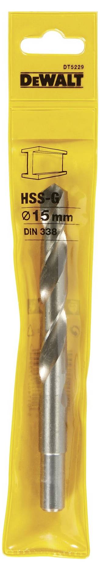 'DEWALT HSS-G Drill Bit Ø 15 mm, DIN 338.' Drill bit in a yellow packaging.