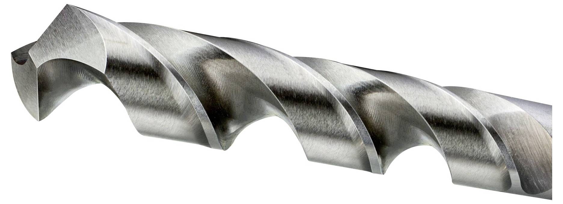 Close-up of a shiny metal drill bit with sharp spiral flutes indicating its function for drilling.