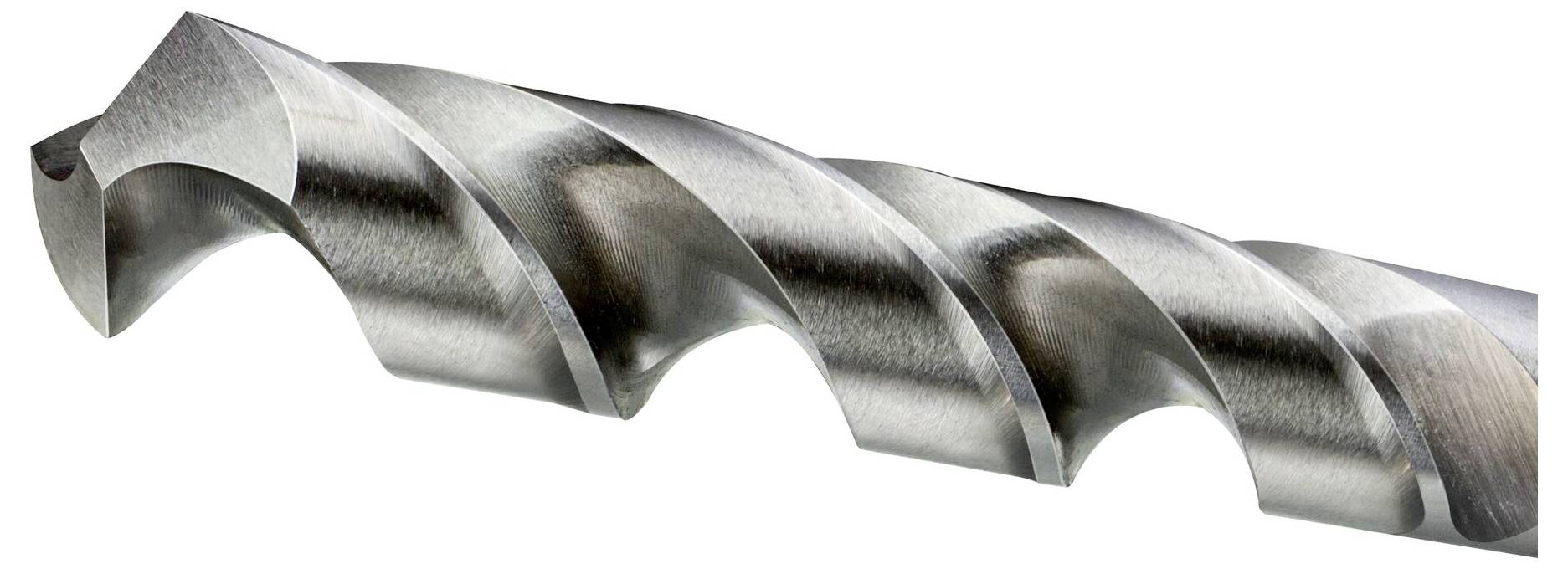 Close-up of a drill bit tip with sharp spiral cutting edges made of gleaming metal, suitable for precise drilling.