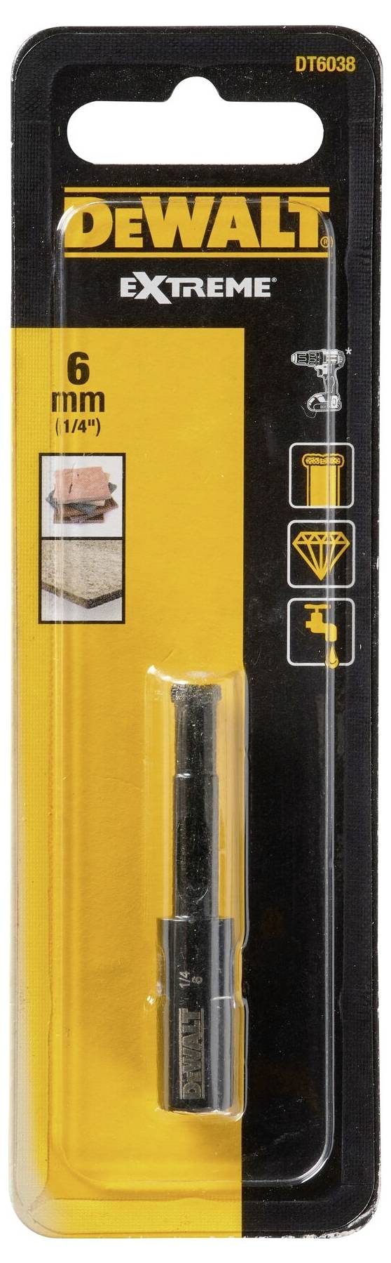 'SDS-Plus drill bit by DeWalt, 6 mm, suitable for masonry and concrete. Packaging displays product details and application images.'