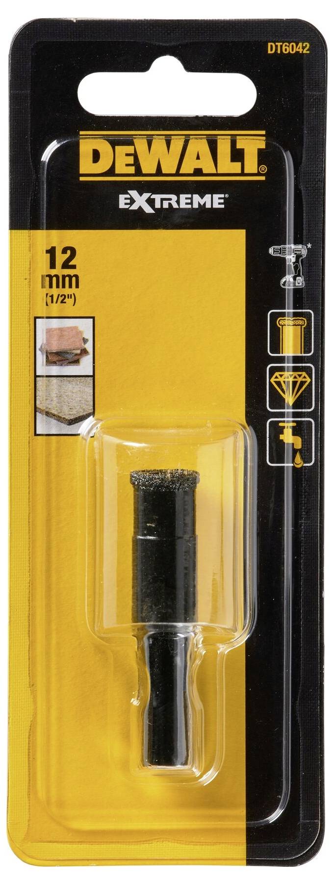 Packaging of a 'DEWALT EXTREME' 12 mm drill bit, suitable for ceramic and porcelain.