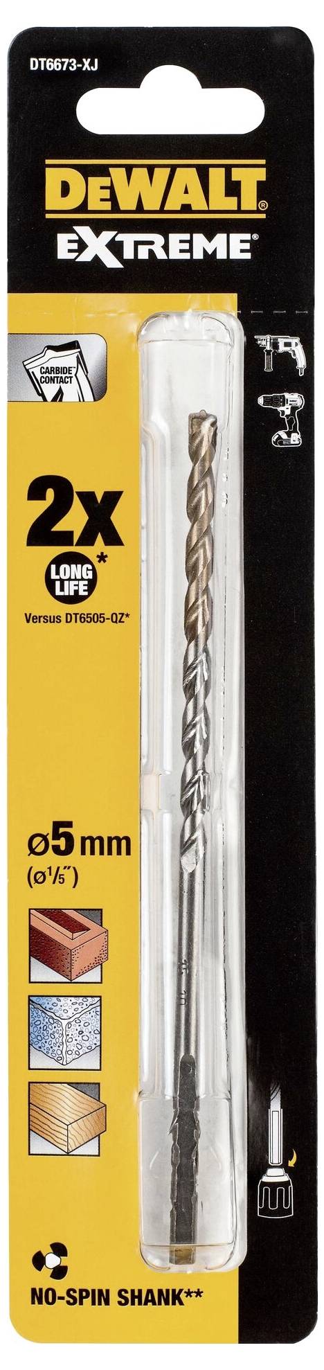 DeWalt drill bit pack with 'Extreme' labelling, 5 mm diameter, suitable for metal, masonry and wood, in a round packaging.