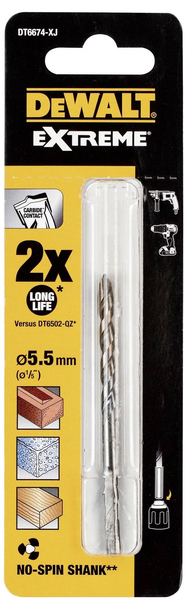 DeWalt Extreme drill bit pack with 5.5 mm diameter and '2x Long Life' indication. Suitable for wood, metal and plastic.
