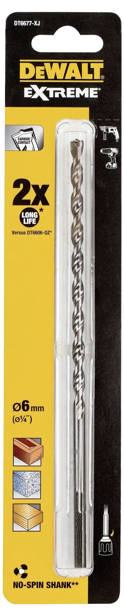 Packaging of a DEWALT Extreme Drill Bit, 6 mm. Suitable for wood, metal and concrete. Contains two drill bits and emphasises fast drilling.