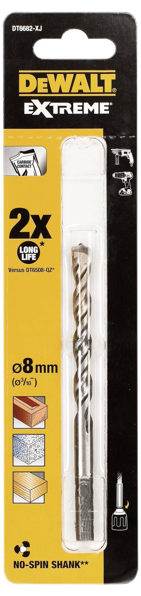 DeWalt drill packaging, 'Extreme' type, with 8 mm diameter. Contains symbols for various materials and functions.