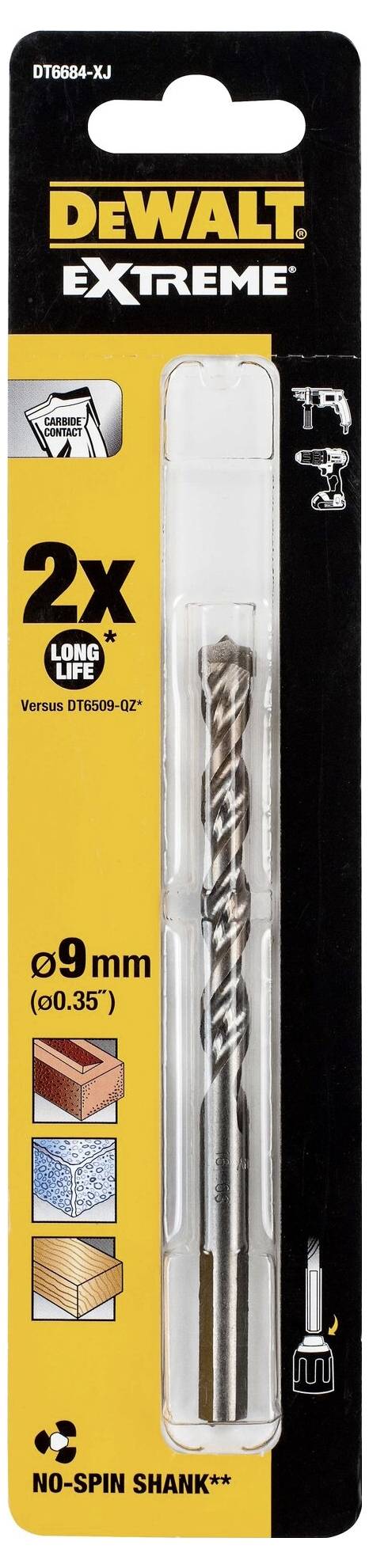 DeWalt drill bit set with two 9 mm steel drill bits for various materials, including 'No-Spin Shank' feature.