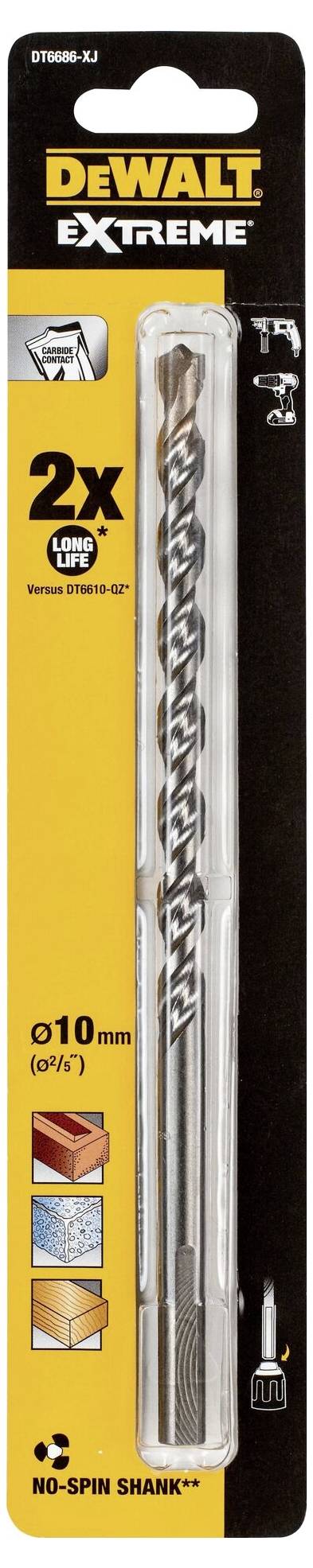 DeWalt Extreme drill bit, 10 mm diameter. Suitable for wood, metal and brick. Packaged product image.