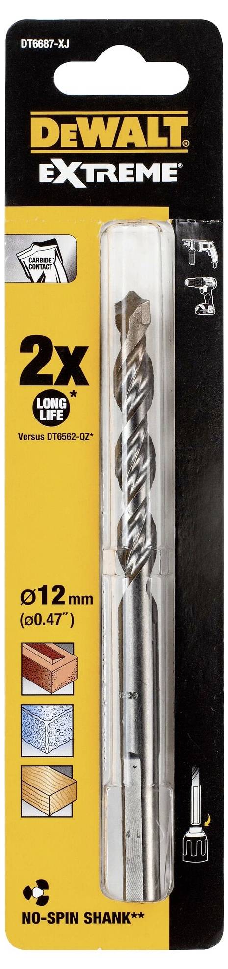 'DEWALT Extreme' drill in blister pack, 12 mm diameter, suitable for wood, masonry, metal. Packaging emphasises durability and performance.
