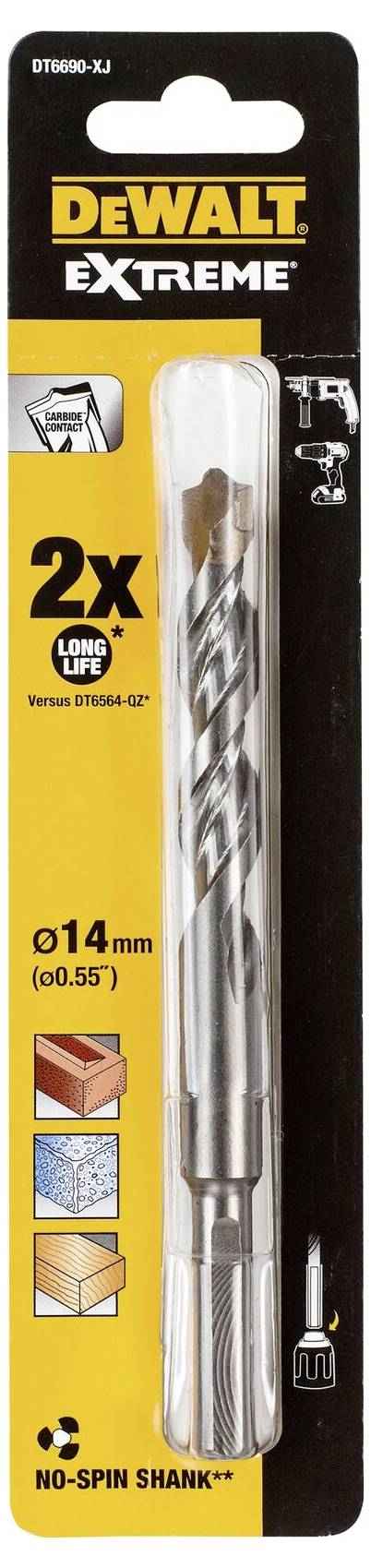 DeWalt drill bit packaging with 14 mm diameter, suitable for concrete, masonry and more. Lasts twice as long.