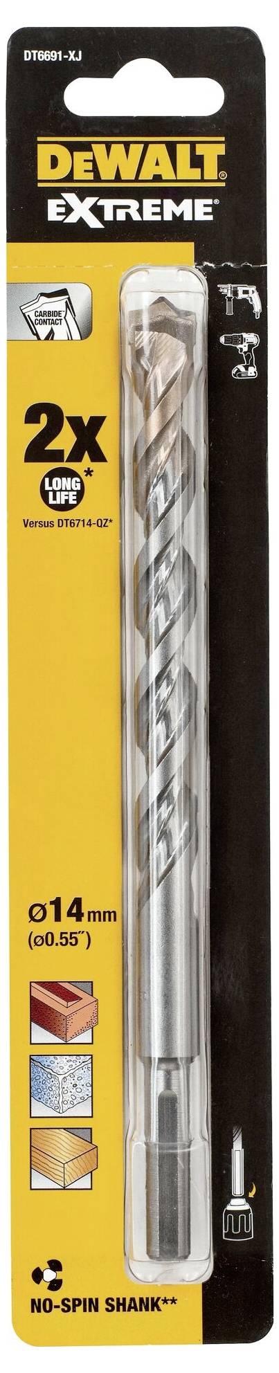 DeWalt Extreme drill bit, 14 mm diameter, suitable for concrete, masonry, tiles and wood, with 'No-Spin shank'.