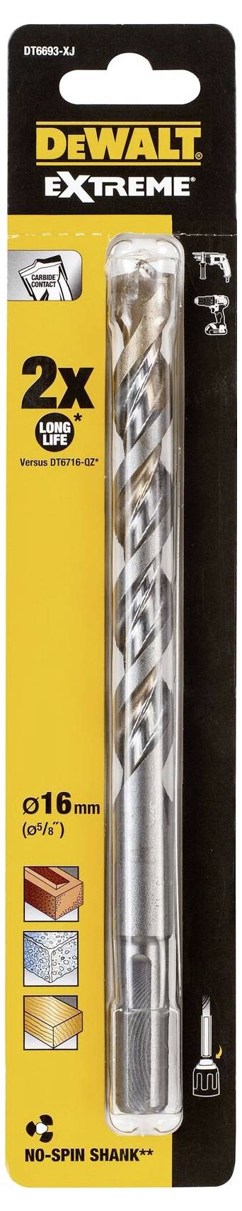 'DEWALT Extreme drill bit with 16 mm diameter, suitable for various surfaces. Packaging: yellow with pictures and text.'