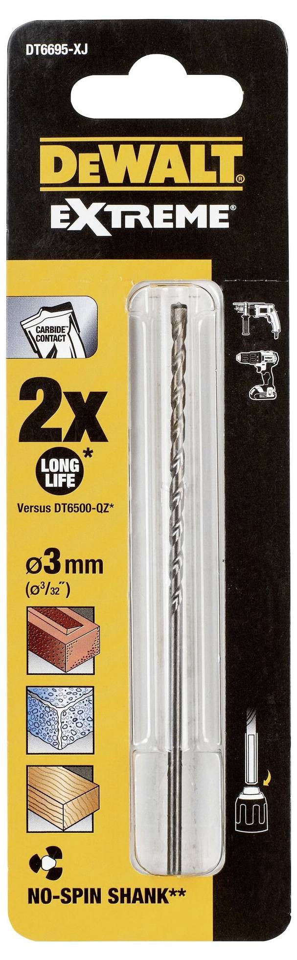 'DeWalt Extreme' packaging with a drill bit, 3 mm diameter, for precise drilling in concrete, masonry, metal and plastic.